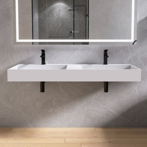 MEDUNJESS 54" Upgraded Wall Mounted Double Basins Sink Solid Surface Rectangular Modern Bathroom Sink with Faucet Hole，Matte White