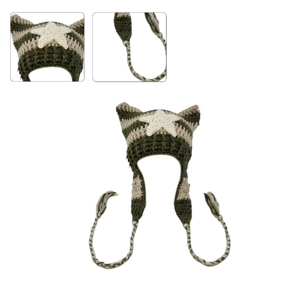 Popular Cat Ear Hat Stripe Beanie Hat with Star Patched Y2K Winter Hat Cool Girls Crochet Hat Soft Breathable Caps
