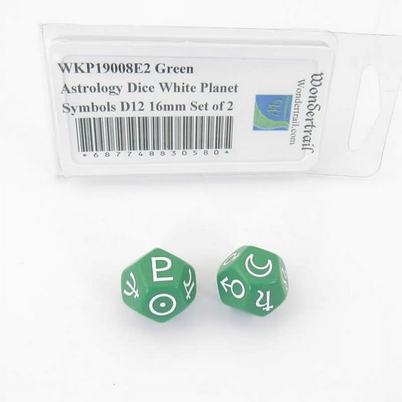 Green Astrology Dice with White Planet Symbols D10 16mm (5/8in) Set of 2 Wondertrail