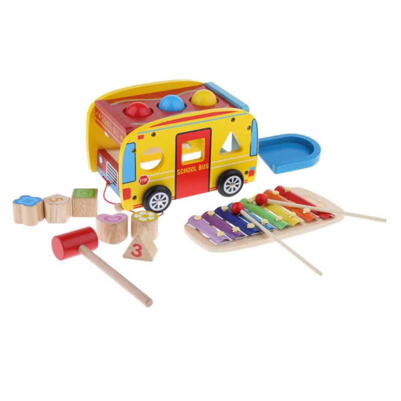 Wooden Shape Sorter Bus with Slide Out Xylophone Wooden Musical Pounding Toy 