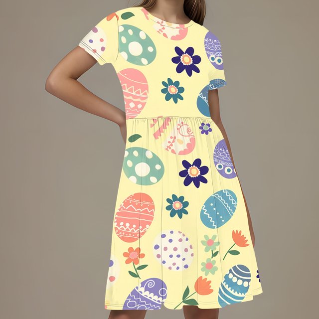 LOVZFMLL Robe à Manches Courtes Imprimée Mode Enfant 3-12 Ans Col Rond