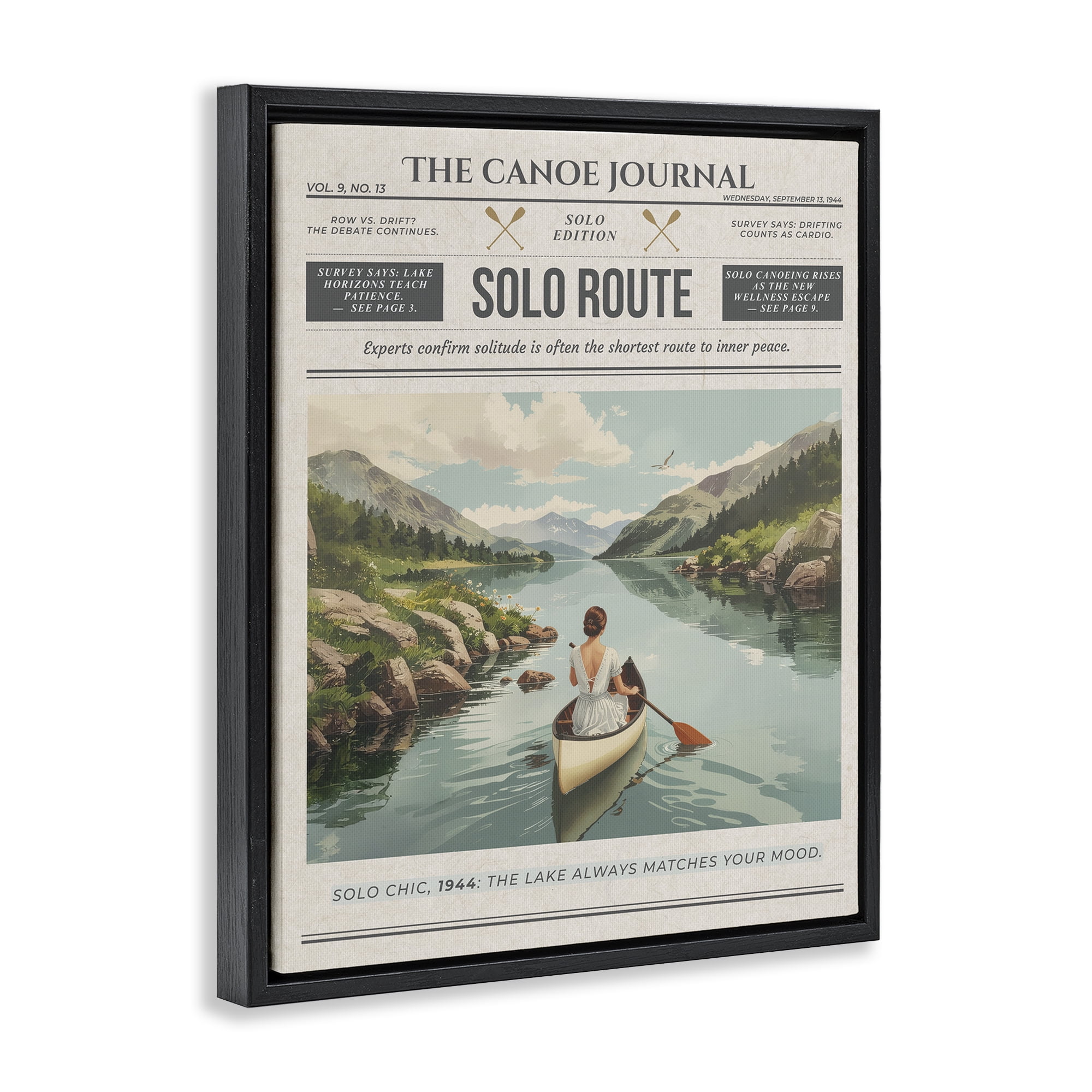 Stupell Industries Canoe Journal Newspaper Black Framed Floater Canvas Wall Art, design by A Barefoot Stylist