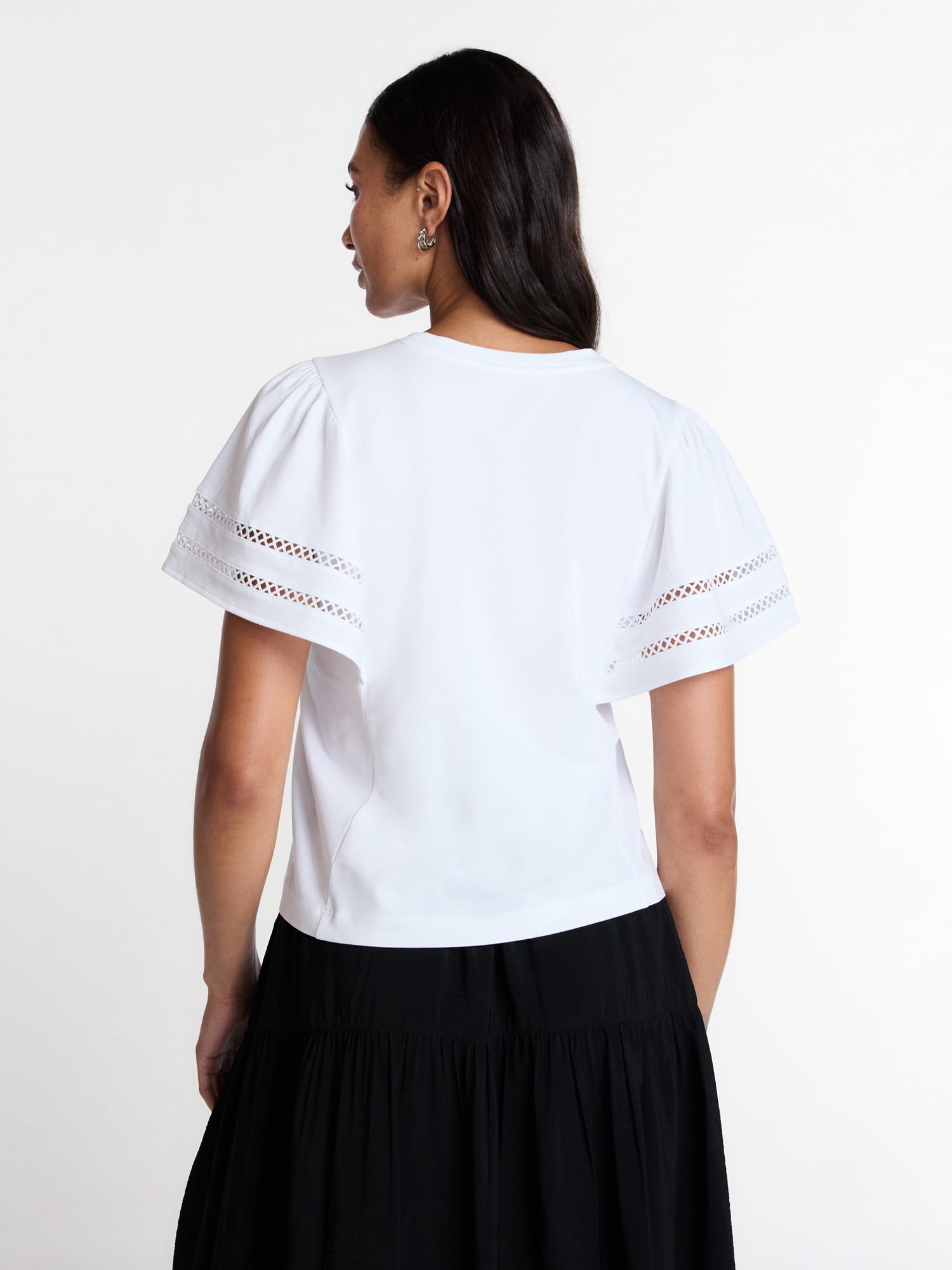 Time and Tru Women’s Crewneck Top with Lace Inset Flounce Sleeves, Sizes XS-XXXL