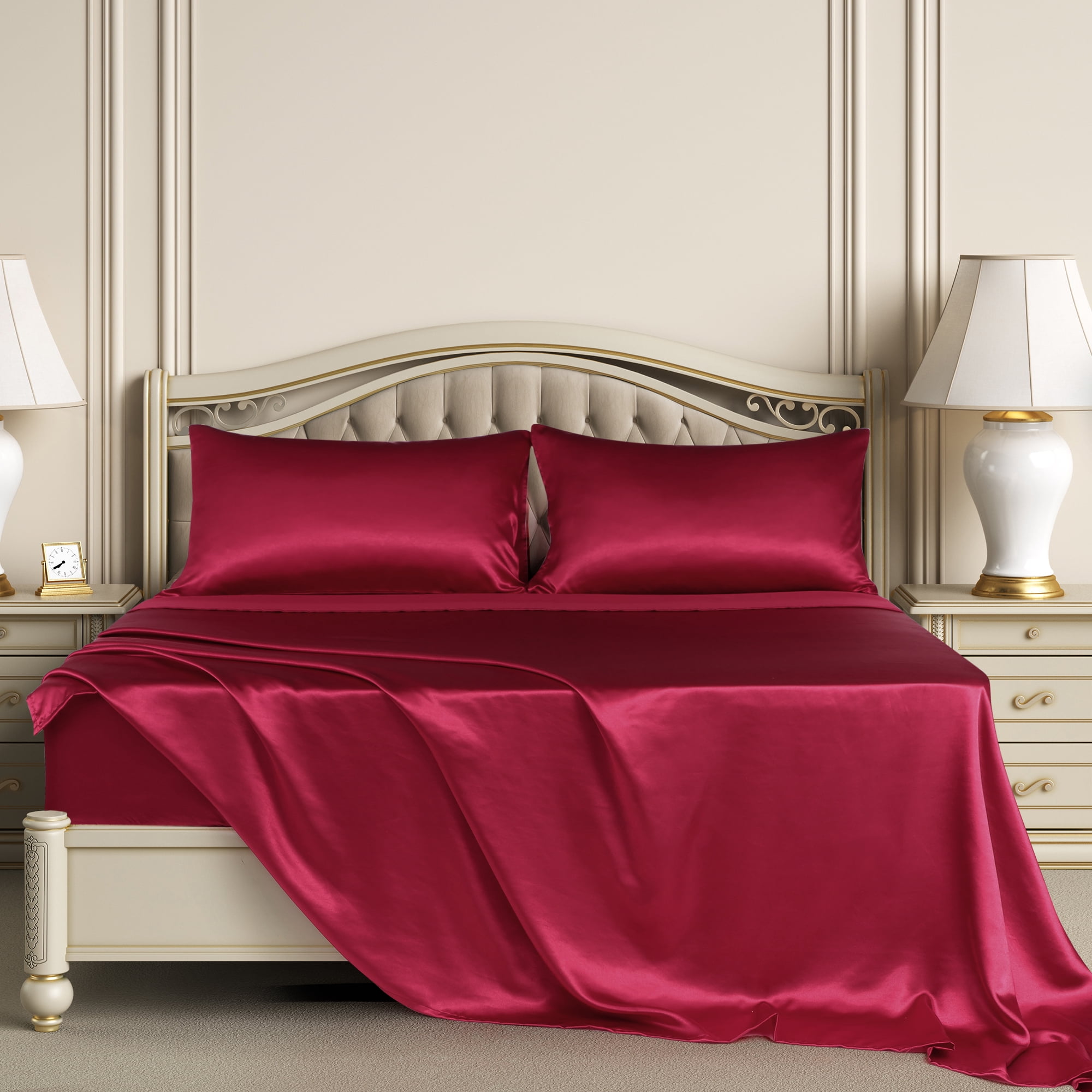Unique Bargains Satin Sheet Set Luxury Polyester Bed Set 4 Pcs King Burgundy