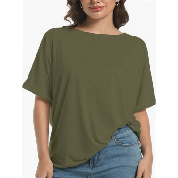 Women's Oversized Short Sleeve T-Shirt - Loose Fit Crewneck Basic Tee, Casual Summer Top with Rolled Sleeves