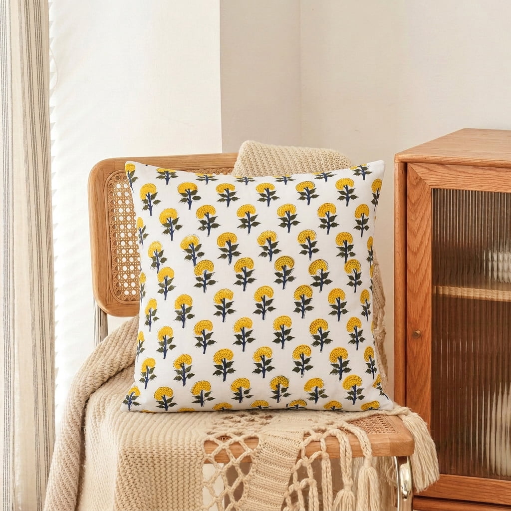 SHOPCREW Hand Block Printed Cotton Cushion Covers with Zipper Closure, Decorative Throw Pillow Covers for Sofa Couch Bed, 18x18 Inches, Pack of 2 - Golden Marigold Muse