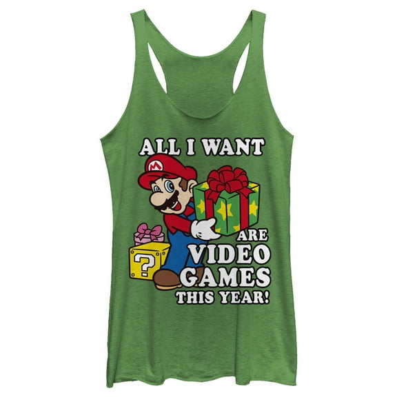 Women's Nintendo Christmas Mario All I Want Are Video Games Racerback Tank Top Envy Green Small