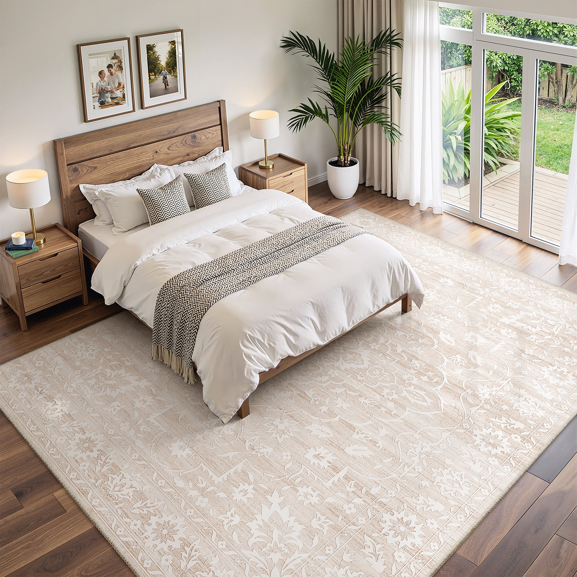 Roxstand 9x12 Area Rugs for Living Room, Stain Resistant Floral Vintage Washable Rugs, Non-Slip Thin Farmhouse Beige Rugs(9'x12', Beige)
