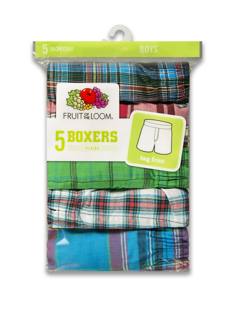 Fruit of the Loom Boys' Tartan Plaid Woven Boxer, 5 Pack - Tagless