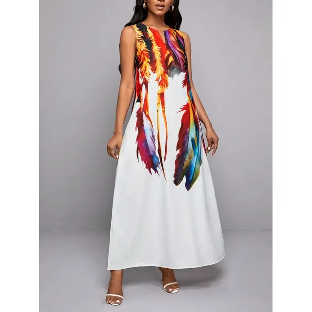 JUNWELL Femmes Été Boho vintage maxi Robe Femmes Poche en Vrac casual Imprimer A-Ligne Robes