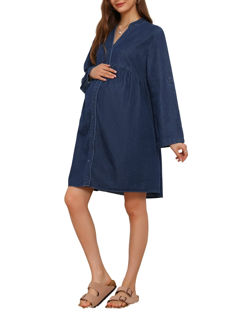 maternity denim dress Livie Reversible Square neckline with contrast stitching detail Inseam pockets Motherhood Maternity Denim Button Down