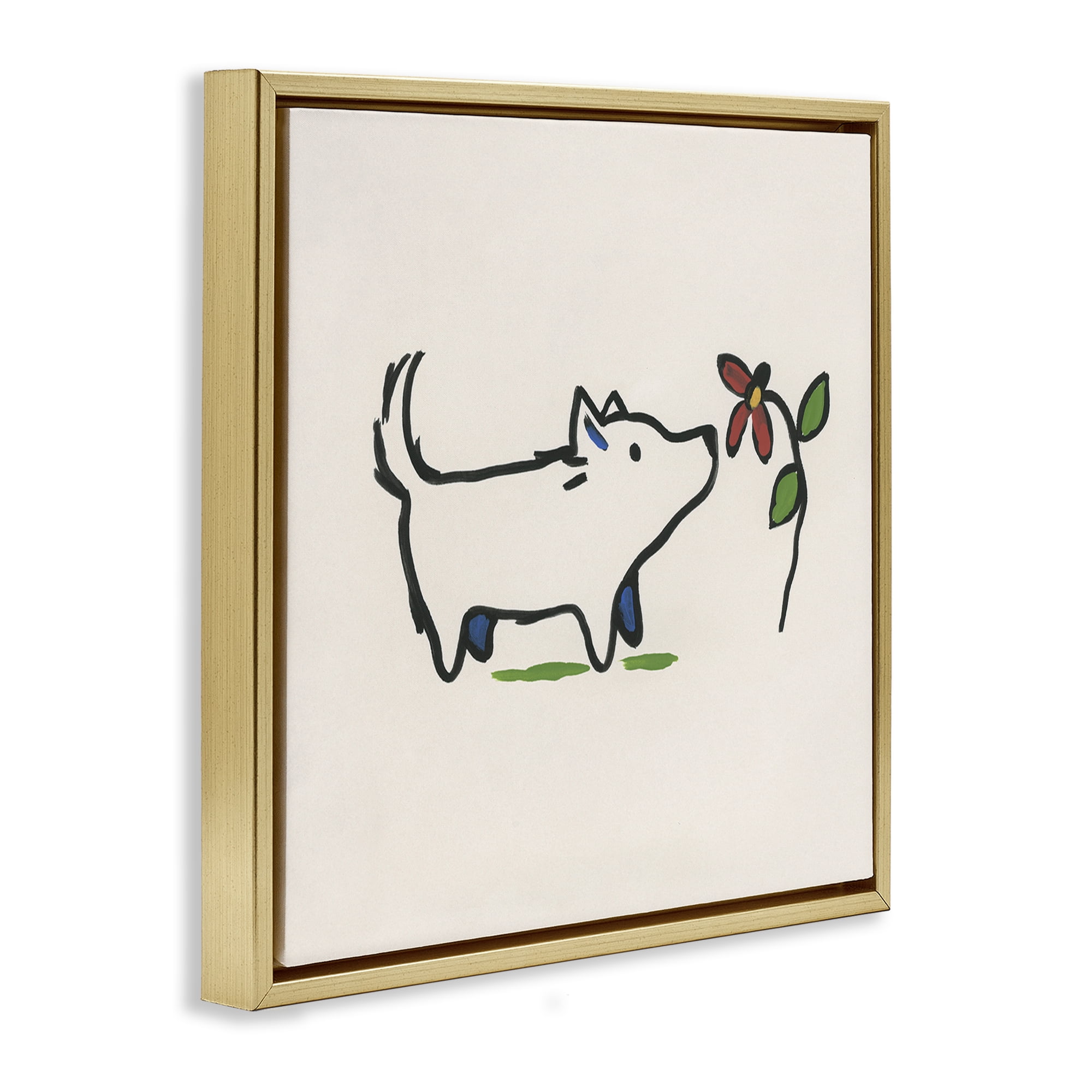 Stupell Industries Doodle Dog & Flower Plants & Flowers Painting Gold Floater Framed Canvas Art Print Wall Art, 25 x 25