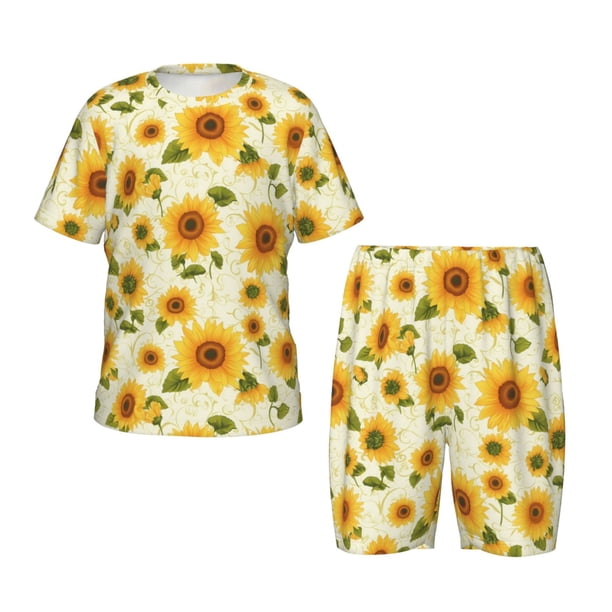Balery European-style Pattern Sunflower Conjunto de Pijama Infantil de Manga Corta con Estampado – Ropa de Dormir de Algodón Suave-Medium