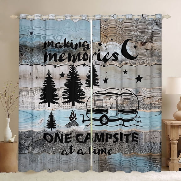 Castle Fairy Rustic Camping Quote Black Out Curtains for Campers, Retro Camper Print Curtains Pack of 2 (42x63 Each) for Bedroom, Blue Gray