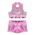thumbnail image 3 of Moggemol Girls Two Piece Sequins Dance Outfit Cutout Back Crop Top with Shorts Gymnastics Tankini Pink 6, 3 of 5