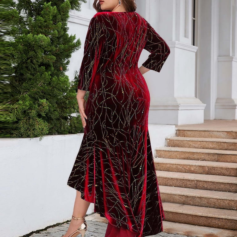 Taqqpue Wedding Guest Dresses for Women Plus Size Velvet Dress Fall Winter  Long Sleeve Round Neck High-Low Hem Midi Dress Formal Maxi Dress Evening  Party Cocktail Dress