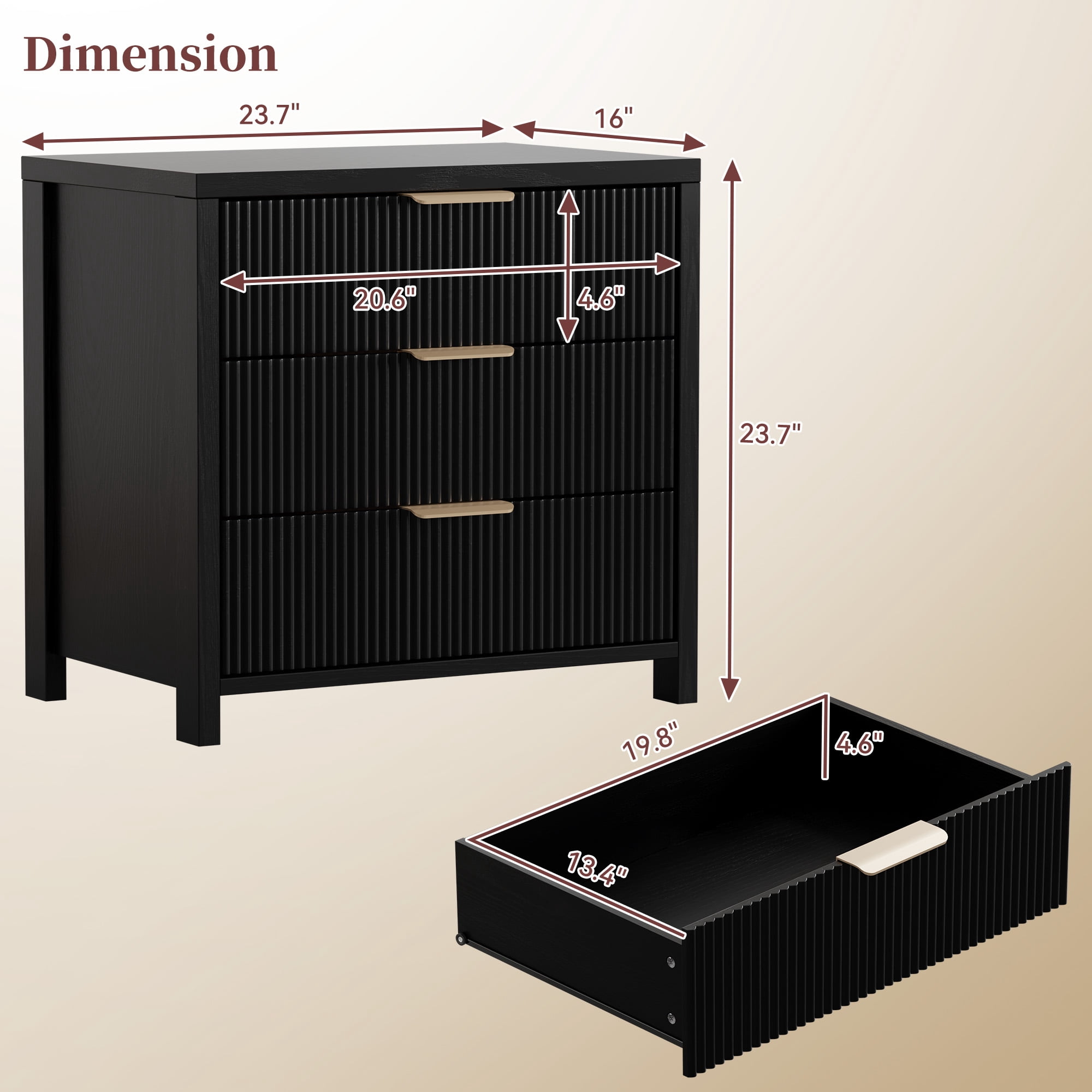 HASLE Fluted Nightstand with 3 Drawers, Mid-Century Modern Bedside Table, 23.7'' Wide Wood End Table for Bedroom, Black Finish