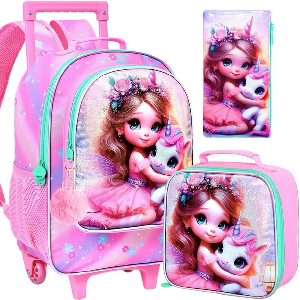 Mochila con ruedas AGSDON Princesa para niñas con lonchera 3 piezas