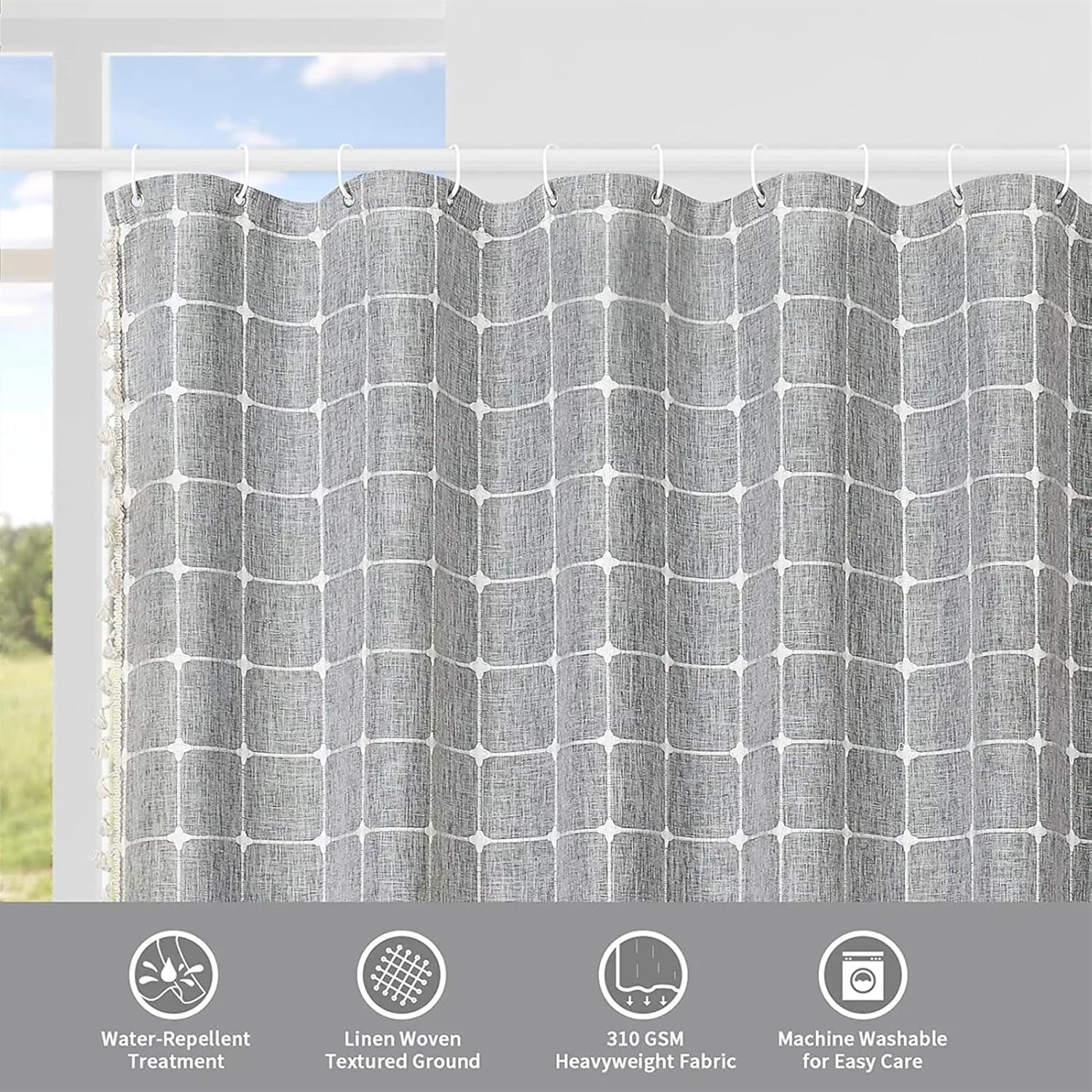 Zrodlmo Boho Farmhouse Shower Curtain with Hooks Rustic Cottagecore Fabric Bathroom Curtain with Tassels, 72" x 72", Gray