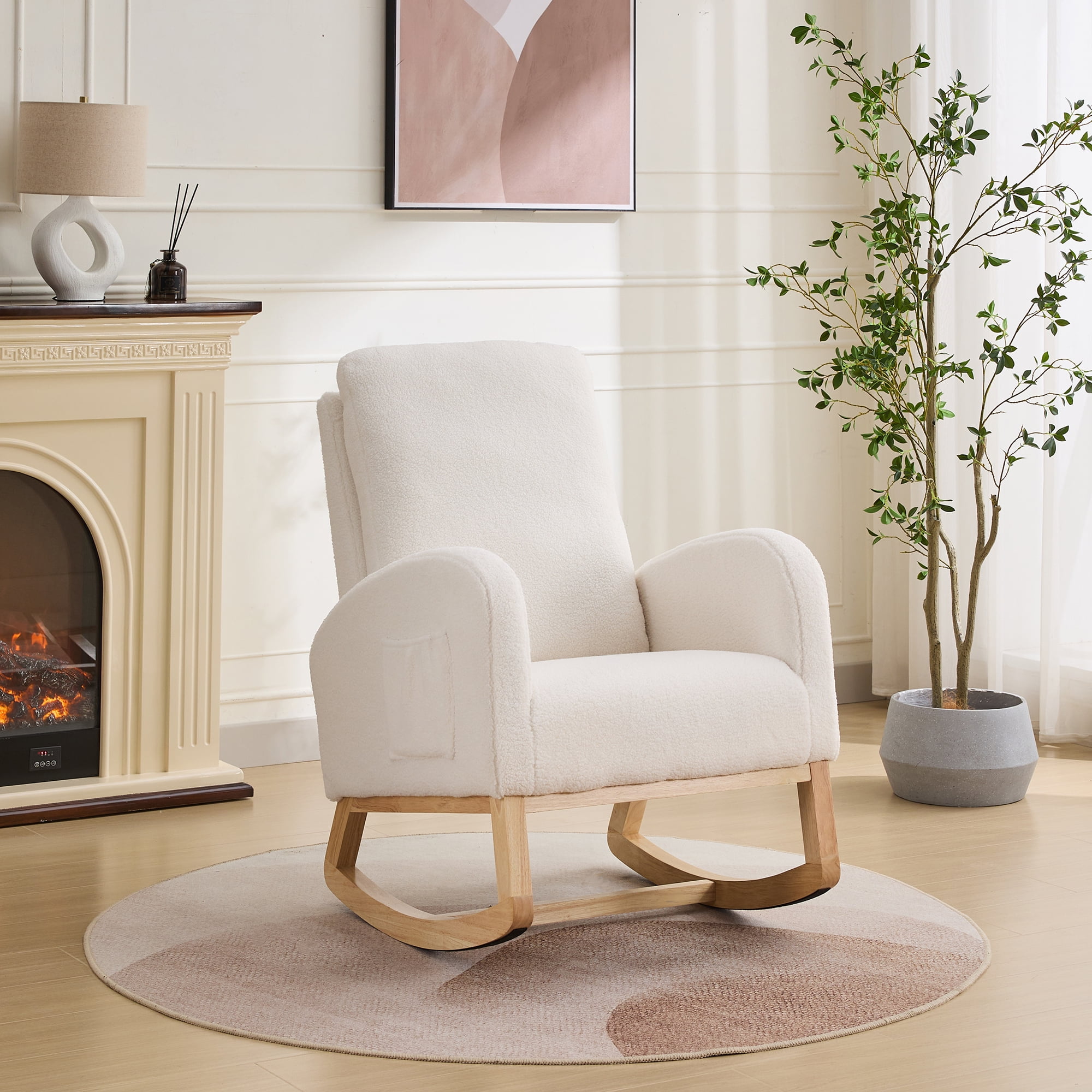 27.2"W Rocking Chair for Nursery, Sherpa Glider Chair with High Back and Side Pocket, Rocking Accent Armchair with Rubber Wood Legs for Living Room/Bedroom.Ivory