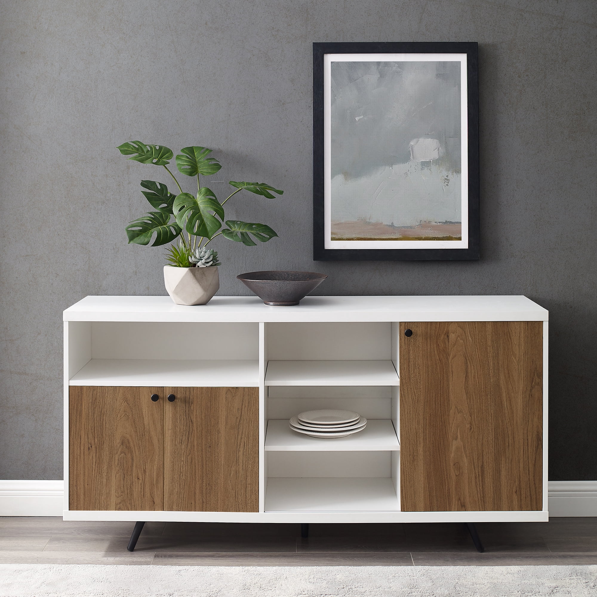 Desert Fields Tatum Modern A-Symmetrical 3-Door Sideboard, White/English Oak