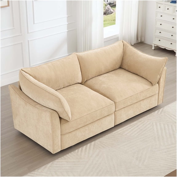 JERFIT 2-Seater Chenille Sofa with Pull-Out Storage Drawers, Wheat Upholstered Living Room Couch with Crescent Arms