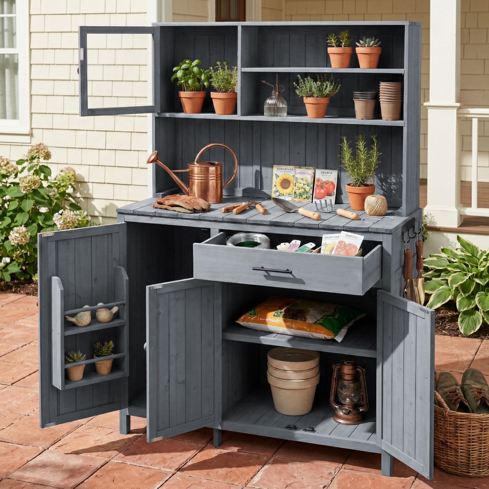 Potting Bench With Hutch, 65 Inch H Solid Fir Wood Outdoor Garden Workstation, Gray