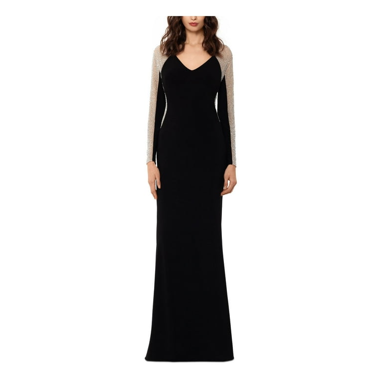 XSCAPE Womens Black Embellished Zippered Mesh Long Sleeve V Neck