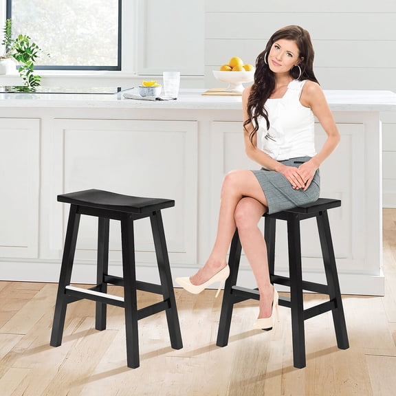 XF XINFENG 24 inch Bar Stools Set of 2, Solid Wood Saddle Chair Backless Counter Stools 350 lbs with Footrests & Sturdy Legs for Kitchen, Black