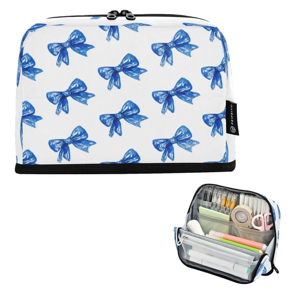 Standing Pencil Case with Base Large Capacity Stationery Pouch Pen Bag with Zipper for Women Men Blue Bows Pattern