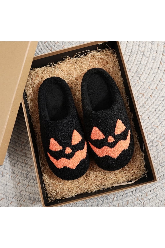 Halloween Women Pumpkin Slippers Jack O Lantern House Shoes Fuzzy Winter Warm Slides,Comfortable Soft Fleece Lining Indoor Footwear,Spooky Embroidered Black Orange Cozy Bedroom Gift Wear