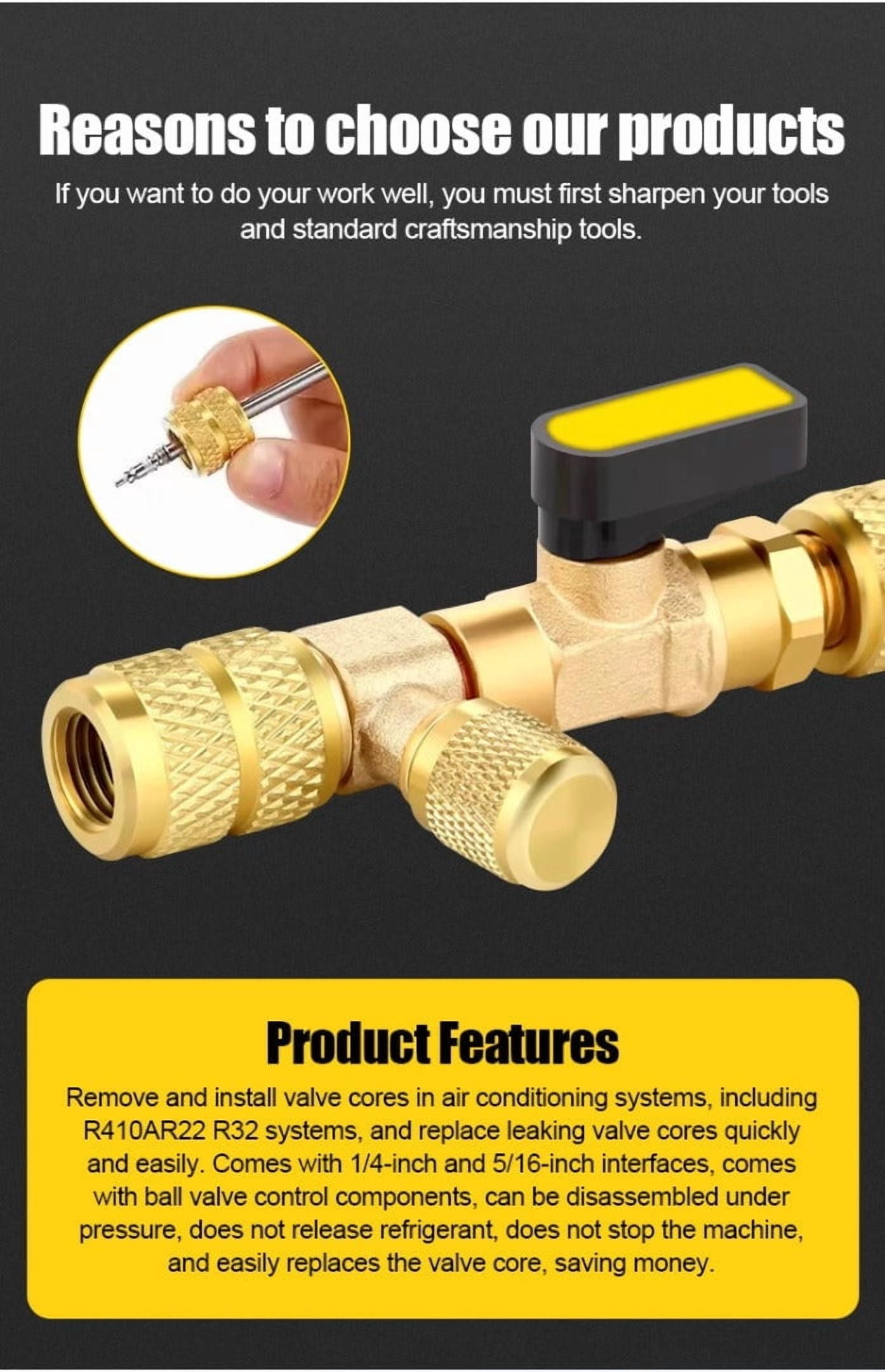 Core Remover Installer Tool for Refrigeration | HVAC Valve Core Removal Installer | 1/4" & 5/16" SAE Brass Port | Air Conditioning Line Repair Tool | Non-Slip Metal Knob | R404A R407C R134A R12 R32