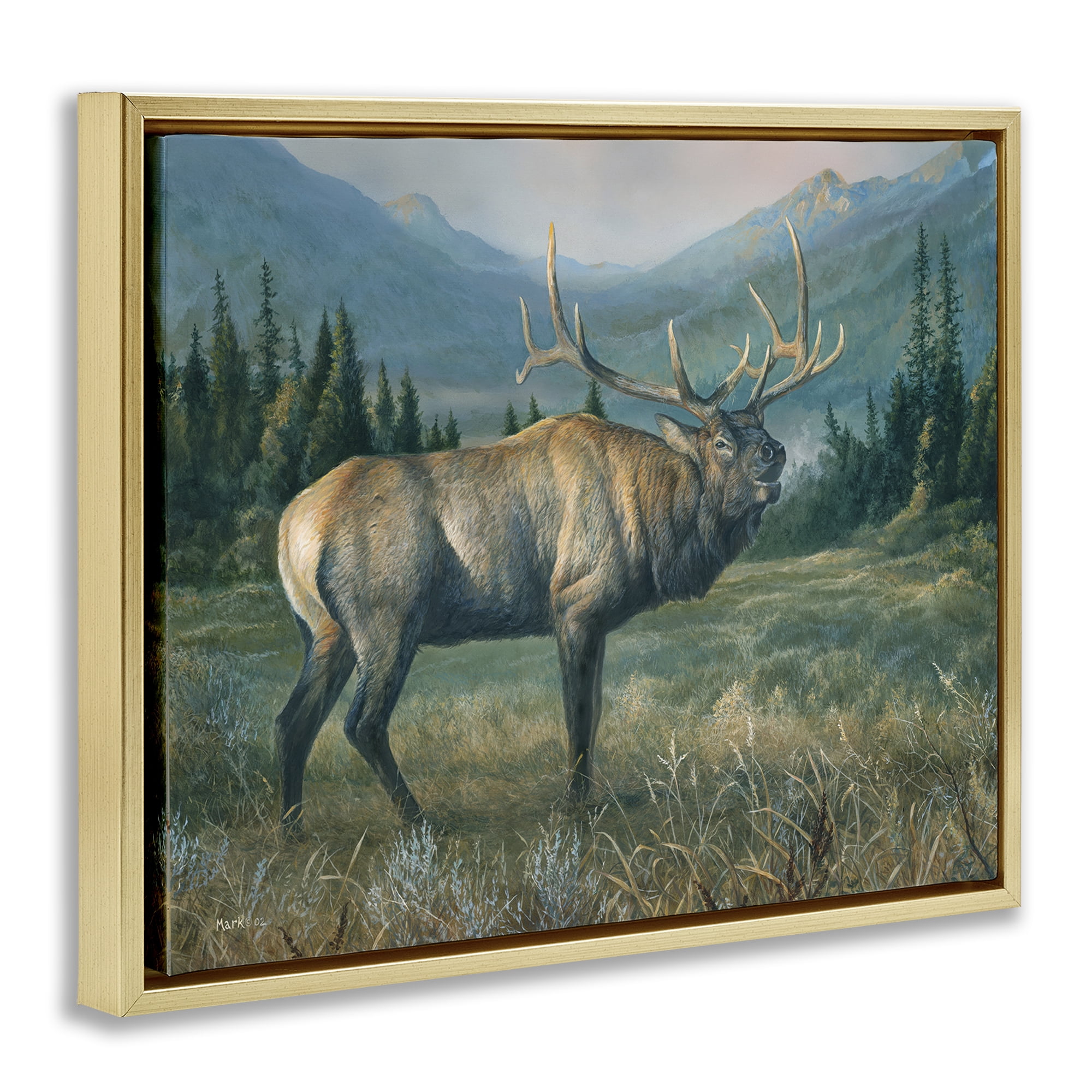 Stupell Industries Powerful Elk in Field Animals Painting Gold Floater Framed Canvas Art Print Wall Art, 31 x 25