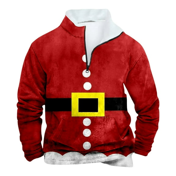 Telankuip Mens Christmas Sweatshirts Fleece Lined Quarter Zip Stand Collar Retro Pullover Top Xmas Party Funny Oversized Long Sleeve Winter Clothes Dressed as Santa Claus Red XL