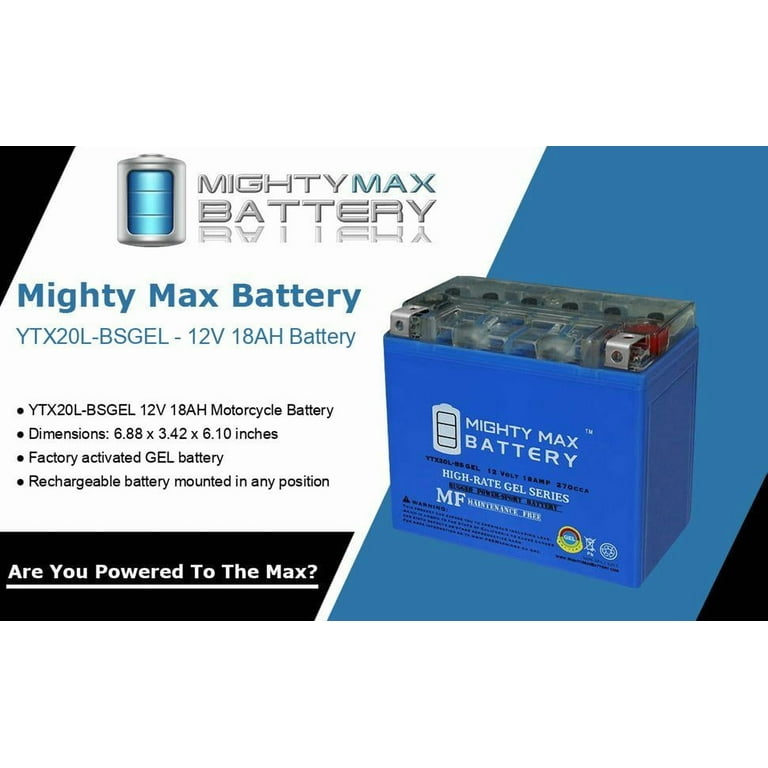 Mighty Max Battery, YTX20L-BS GEL, 12V 18AH, 270 CCA, Durable Deep