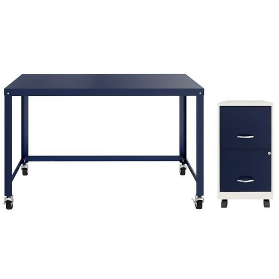 Home Square 2-Piece Set with Mobile Desk & 18" 2 Drawer File Cabinet in Navy