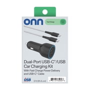 onn Dual USB-C and USB-A Port 32W Car Charger with 3ft Cable, Lightning-Fast Charging, Certified for Safety