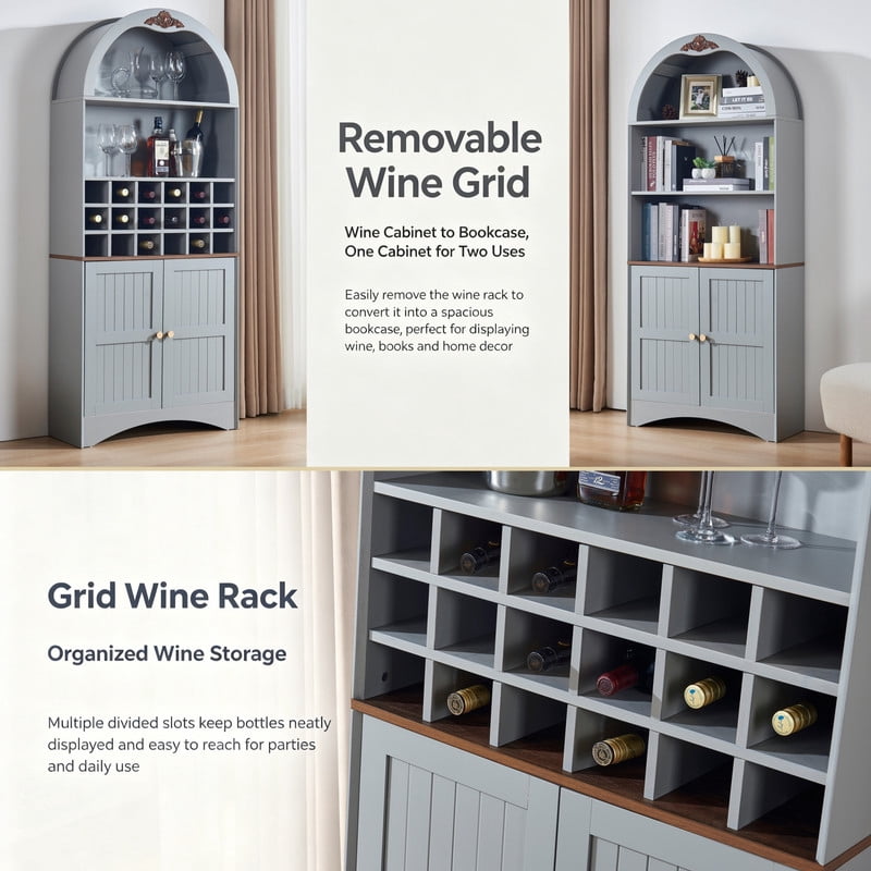 Arched Bar Wine Storage Liquor Cabinet with Removable Wine Grid, Freestanding Bookcase with Adjustable Shelves