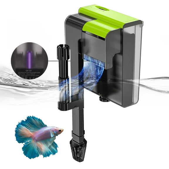 Aquarium Filter,OneHouse U-V 4 in 1 Fish Tank Filter, 130 GPH Waterfall Adjustable Hang on Filter, Green Water Cleaning Filter Pump for 10-20 Gallon Aquariums