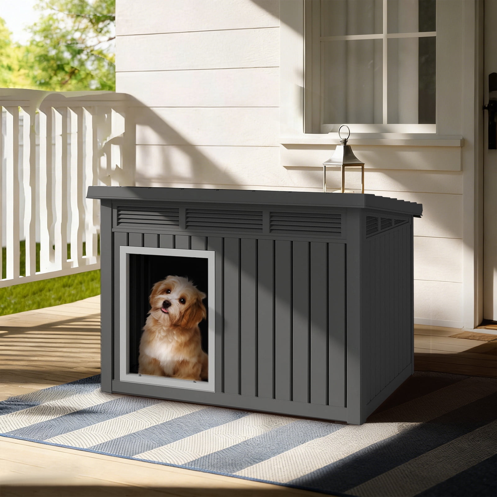 FOMIYES Weatherproof Slanted Top Roof Large Plastic Outdoor Indoor Dog House, Black