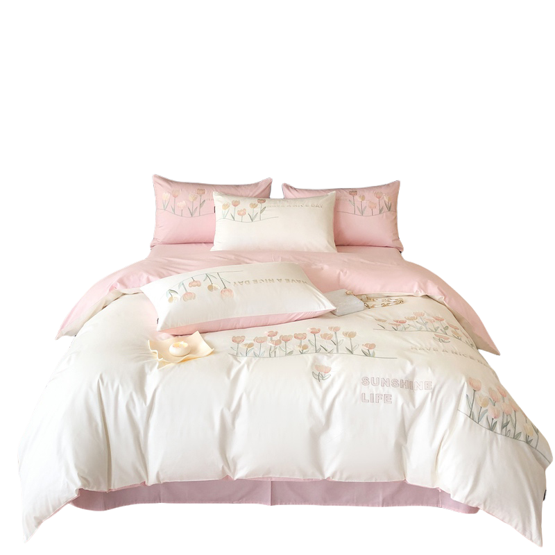 100% Cotton Duvet Cover Set 3Pcs Queen Exquisite Embroidery Pink Comforter Cover 2 Pillowcases Soft Breathable