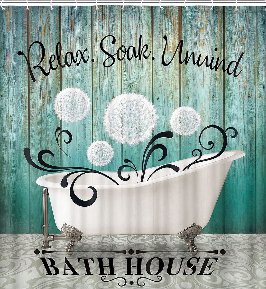 Rustic Farmhouse Fabric Shower Curtain, Dandelion with Bathtub Shower Curtain for Bathroom, Teal Turquoise Wood Shower Curtains, Funny Bathroom Quote Shower Curtain with Hooks, 69X75in