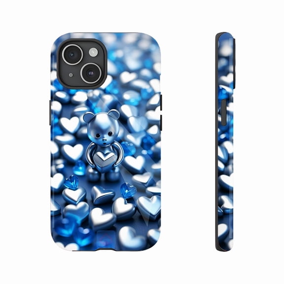 Metallic Teddy Bear Heart iPhone Case for Couples Valentine’s Day Gift Compatible with iPhone 11/12/13/14/15/16 (Pro Max/Plus)