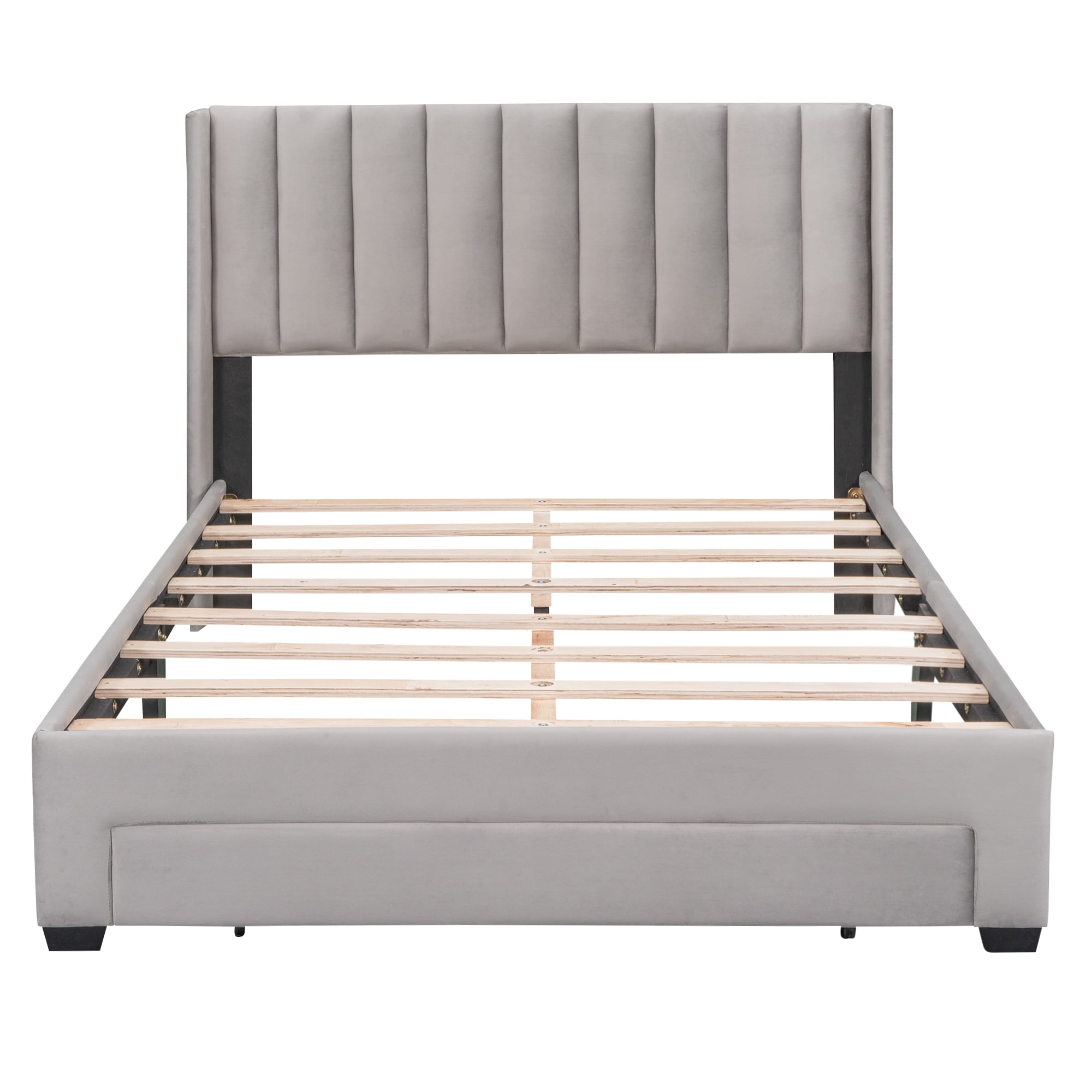 Gewnee Full Size Velvet Platform Bed with Upholstered Headboard and Storage Drawer,Gray