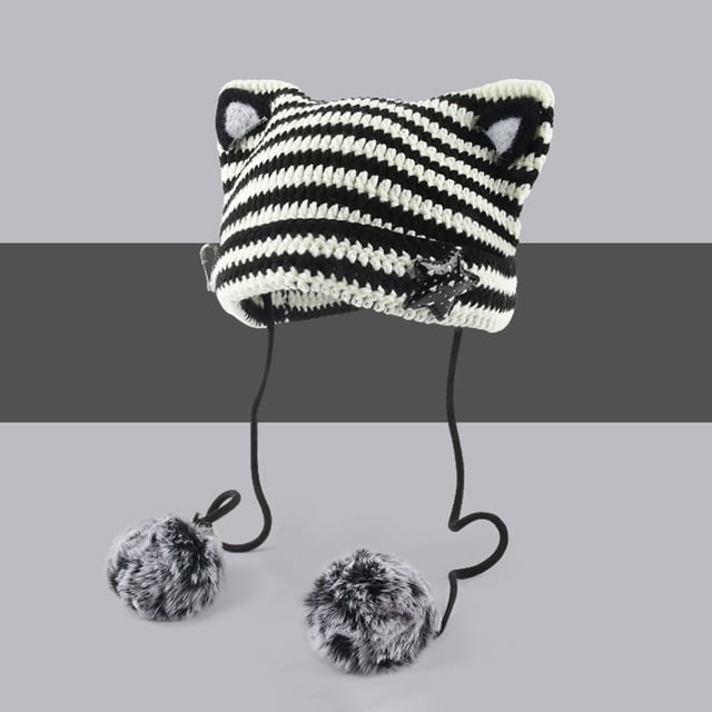 Hats Cat Ear Gyaru Acubi Crochet Hats with Pompoms for Cutecore Style