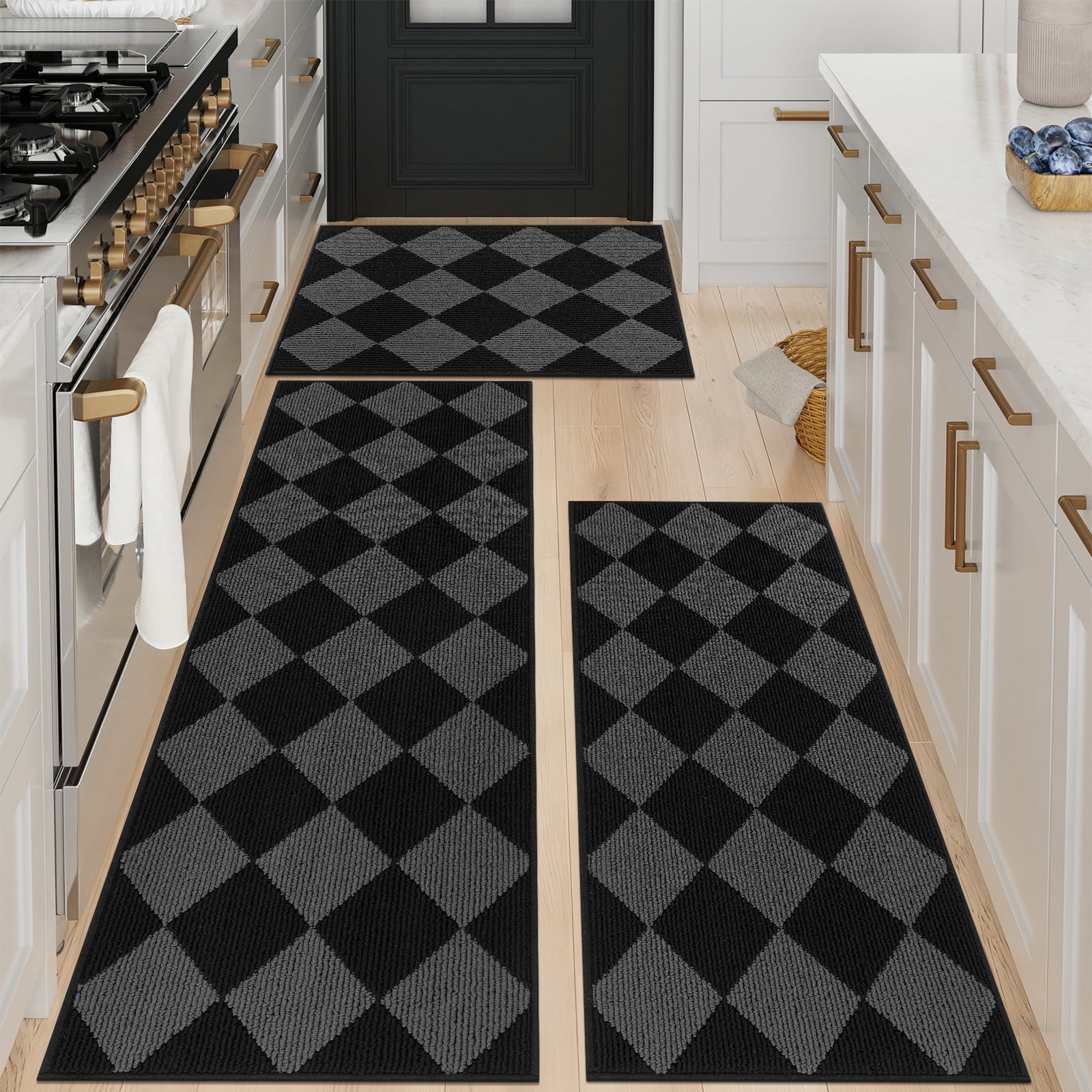 MeyJey Diamond Plaid Kitchen Rugs Sets of 3, Non Slip Kitchen Floor Mats Washable Kitchen Rug, Black Gray