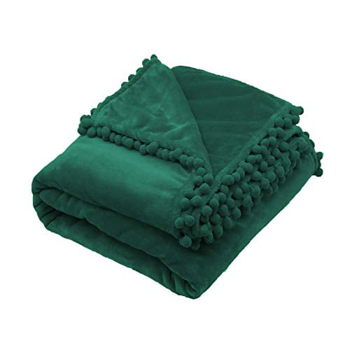 Suitable for All Seasons（50x60 Emerald Green） Mokoya Flannel Throw Blanket with Pompom Fringe,Soft Thick Blankets for Sofa,Bed,Couch,Cozy Decorative Throw Blanket for Home