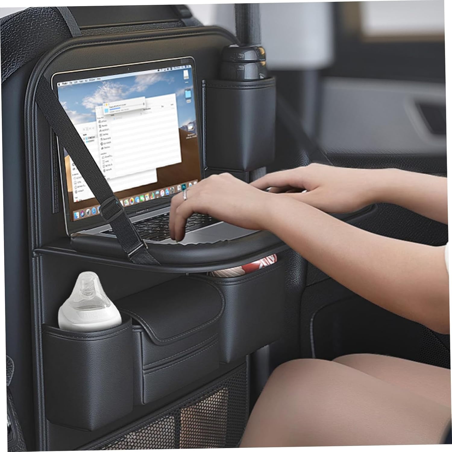 Car Seat Organizer for Backseat - Leather Seat Back Protector with Foldable Tray, Tablet Holder & Kick Mats, Multi-Function Travel Storage Organizer for Kids, Family, SUVs, Trucks and Minivans P