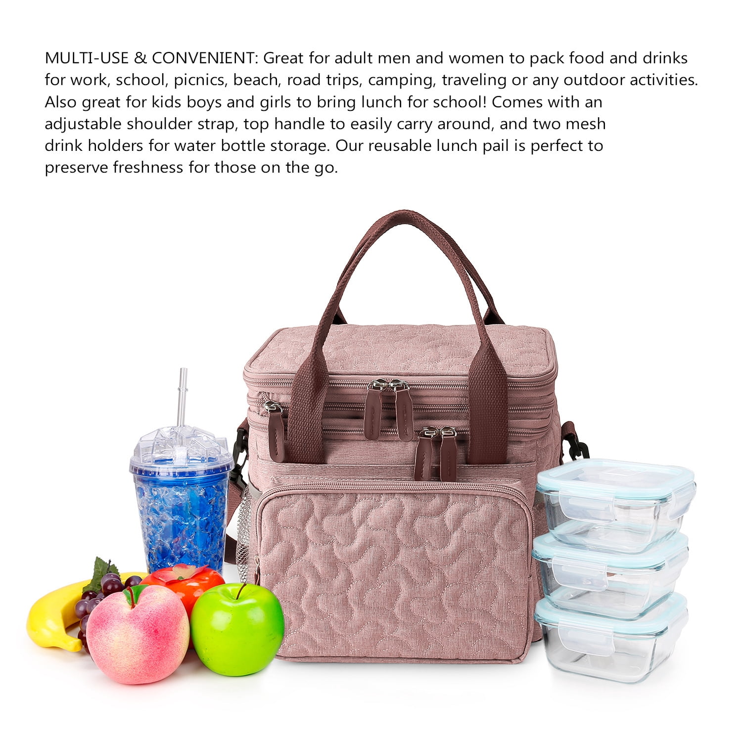 Insulated Lunch Bag Lunch Box Expandable Double Deck Cooler Bag Leakproof Side Tissue Pocket, Adjustable Shoulder Strap for Picnic Camping Hiking School Work, Pink