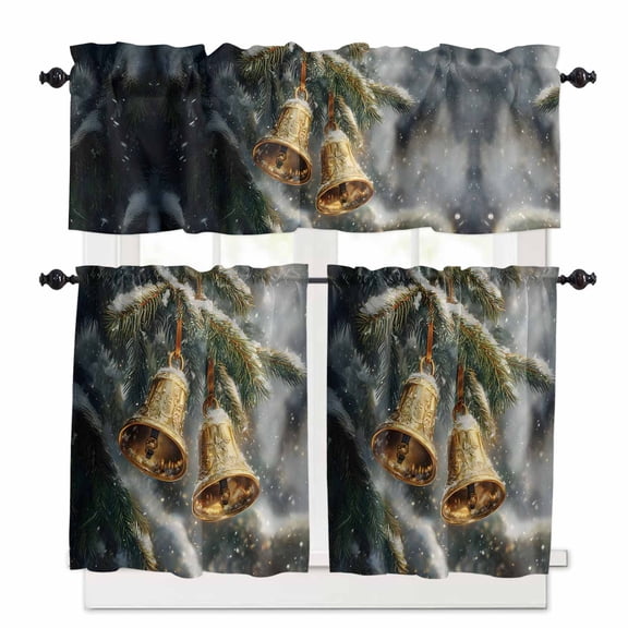 Christmas Bells Kitchen Curtains and Valances Set, Snow-covered Pine Tree Rod Pocket Window Valance 18 Inch Window Curtain Panels for Living Room Bedroom Laundry, 27.5x24in, 3 Pieces